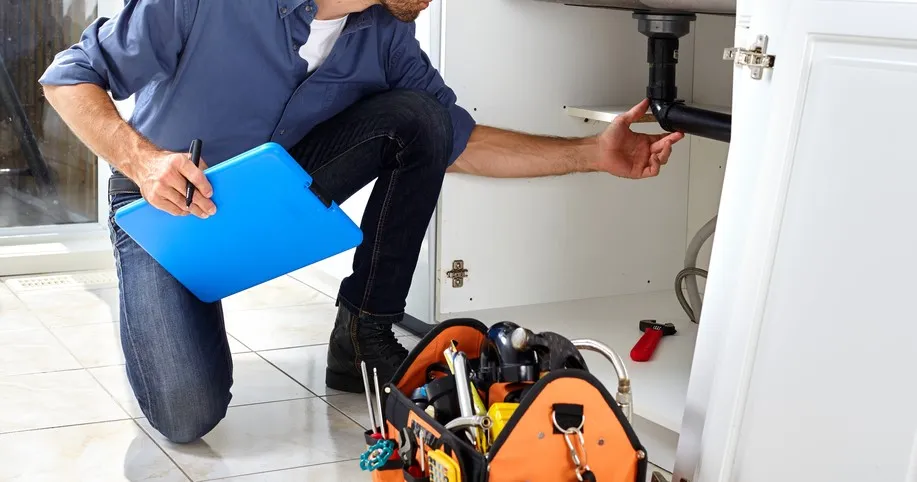 Plumber-performing-plumbing-repair-under-sink