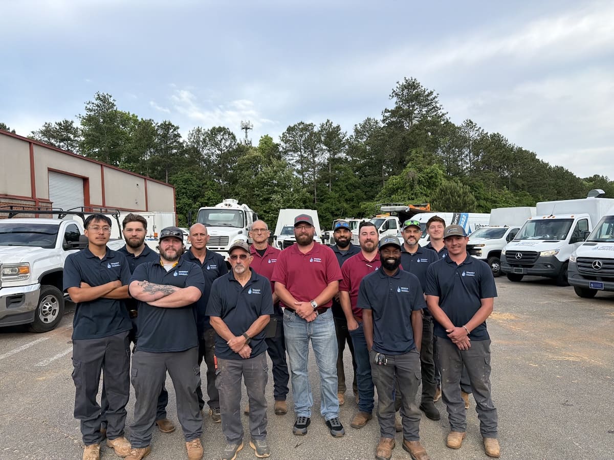 Group of utility workers in polo shirts standing in a parking lot with service vans behind them.