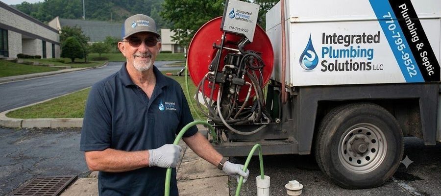 Plumber in a blue polo and cap stands beside a plumbing service truck with hoses and equipment in a parking lot.