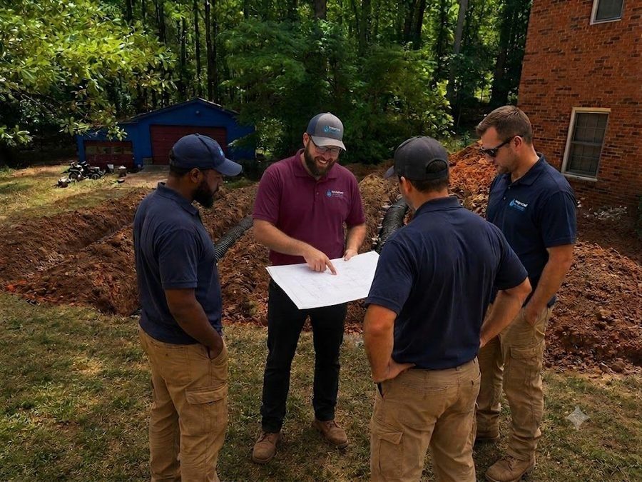 Five construction workers stand in a semicircle outdoors, reviewing blueprints on a large sheet while standing by a dirt trench and a brick house wall.