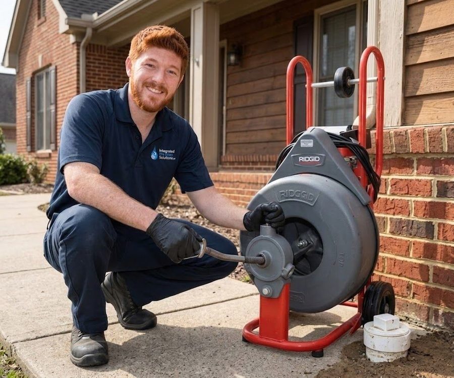 Technician kneels on a driveway beside a brick house, operating a portable RIDGID pipe threading machine on a red stand.